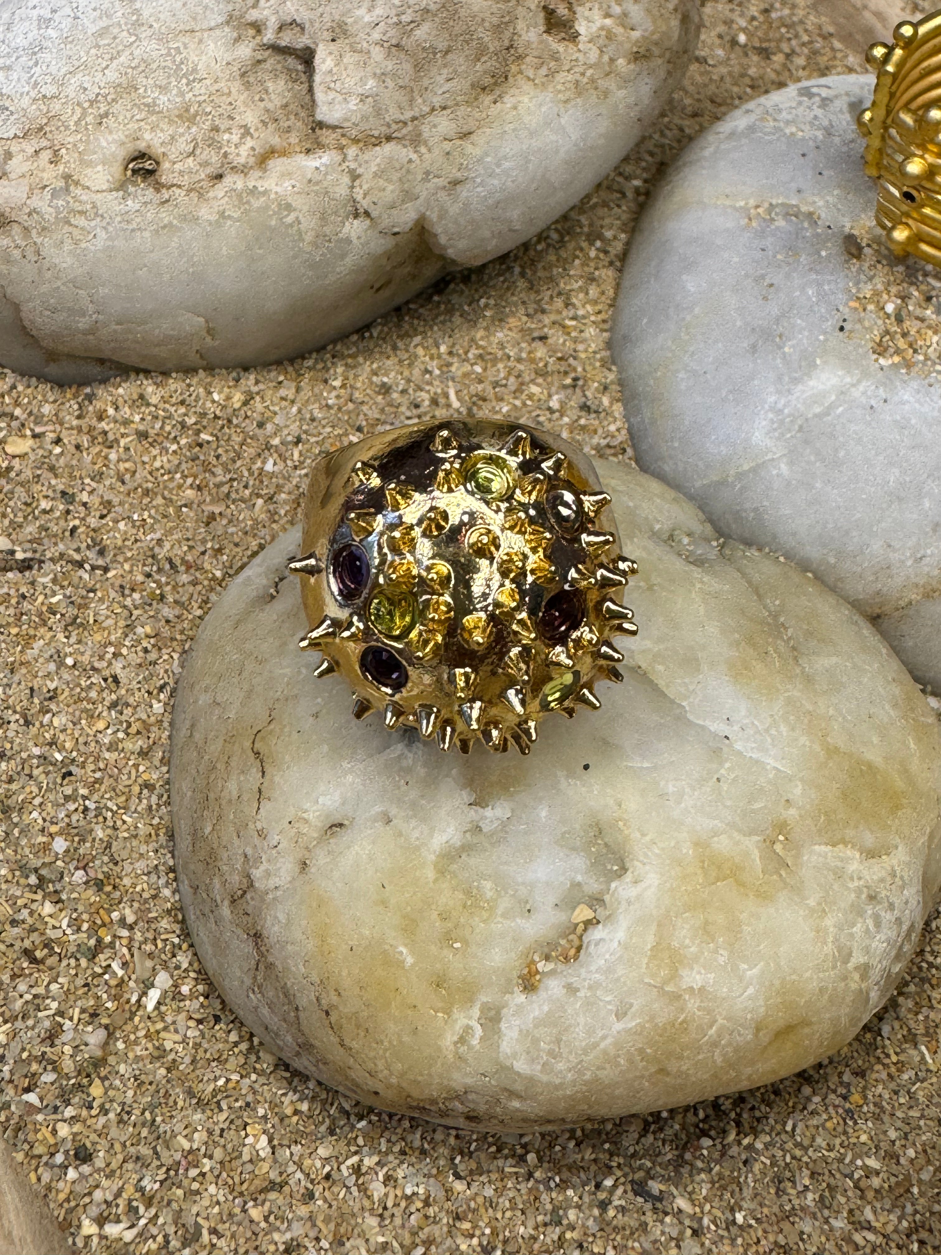 Spike Textured Gold Plated Ring with Multicolor Stones