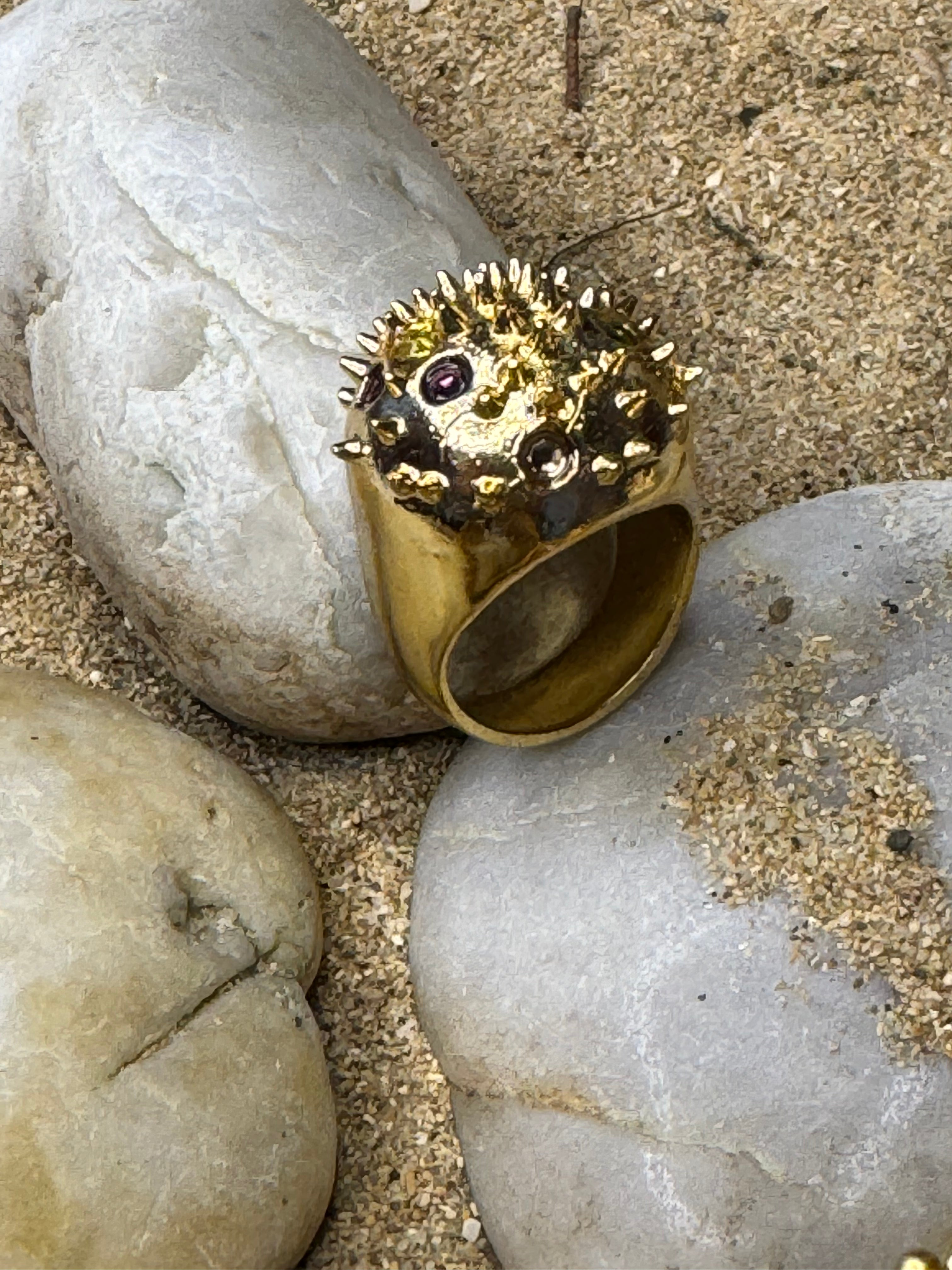 Spike Textured Gold Plated Ring with Multicolor Stones